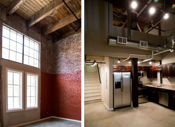 a kitchen and living room in a loft apartment