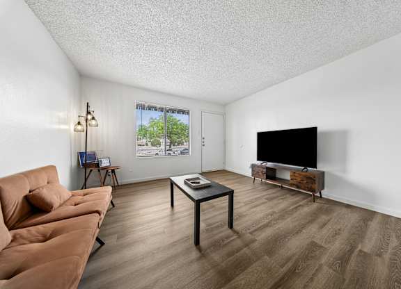 A living room with a brown sofa and a black television.
