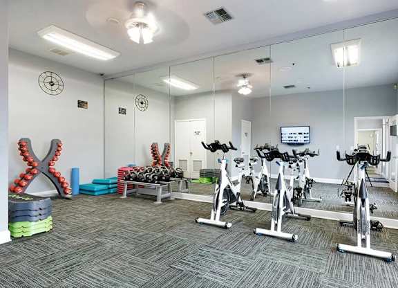 A room with a grey carpet and a mirrored wall with exercise bikes in front of it.