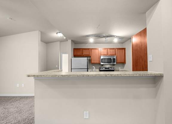 A kitchen with a countertop and cabinets.