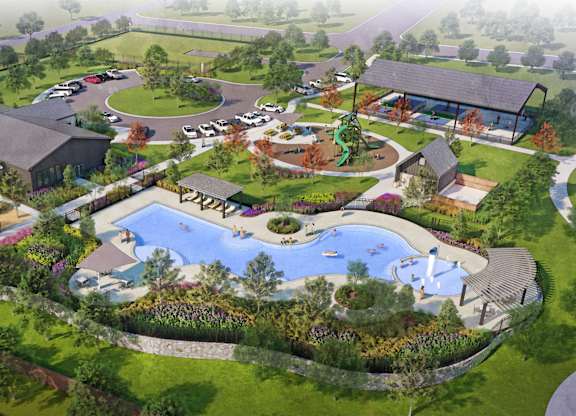A rendering of a resort with a swimming pool and a large building.
