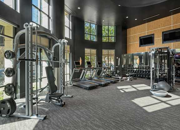 A gym with a variety of equipment including a treadmill, weights, and a bench press.