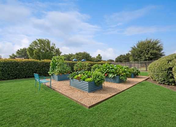 A garden with a green bench and a raised bed of vegetables.