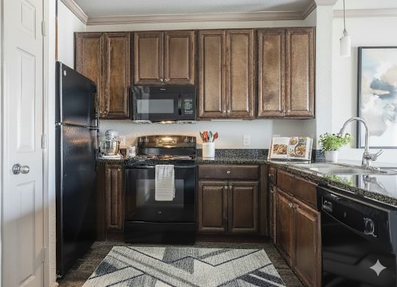 A kitchen with black appliances and wooden cabinets.