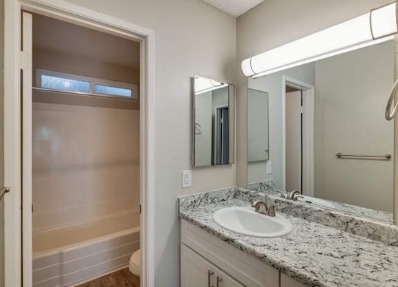 A bathroom with a marble countertop and a white sink.