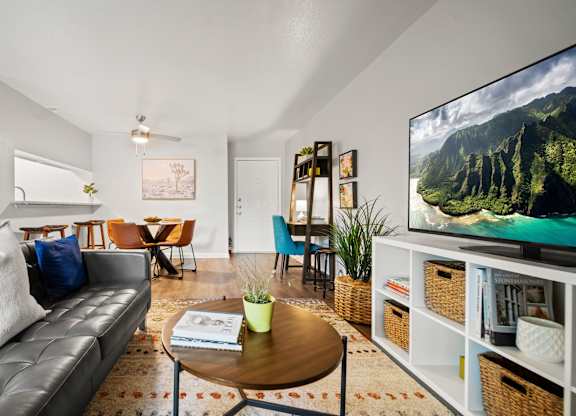 a living room with a couch a coffee table and a tv