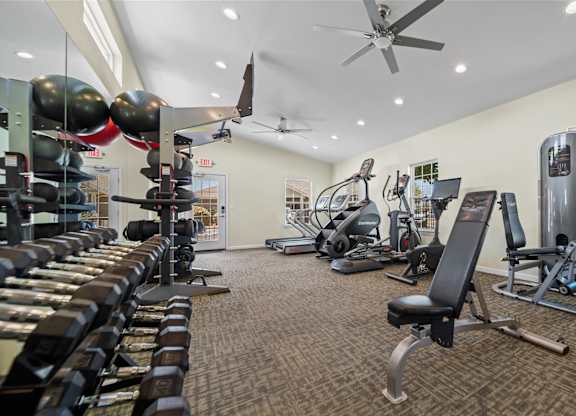 A well-equipped gym with a variety of exercise machines and weights.