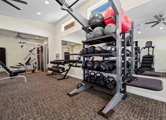 A well-equipped home gym with a variety of exercise machines and weights.