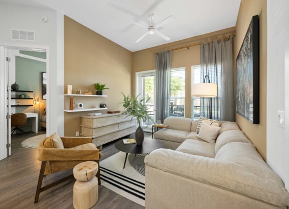 a living room with a couch and a coffee table