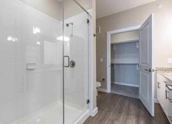 A bathroom with a walk-in shower and a small kitchenette.