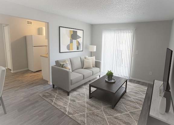 A living room with a grey couch, a coffee table, and a television.