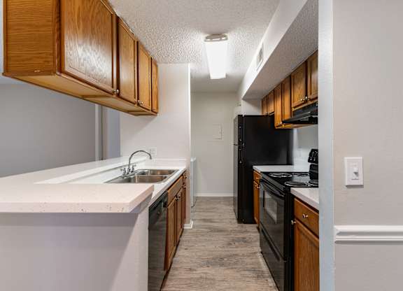 A kitchen with black appliances and wooden cabinets.
