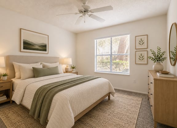 A bedroom with a large bed, a ceiling fan, and a window with blinds.