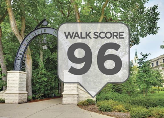 Northwestern University arch on campus with a Walk Score 96 overlain on top.