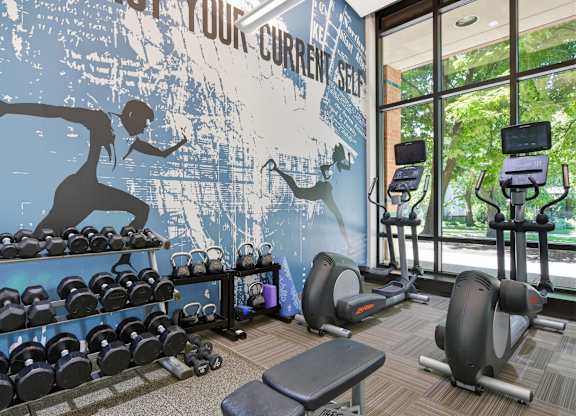 A gym with a blue inspirational wall, free weights, and ellipticals.
