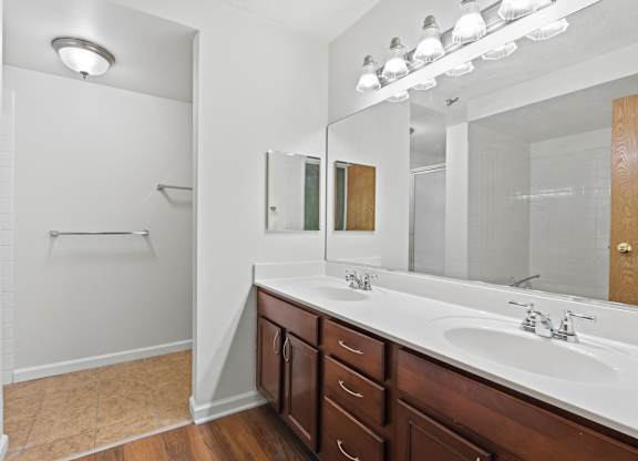 A bathroom with double vanity, full wall mirror, medicine cabinet, and brown cabinets.
