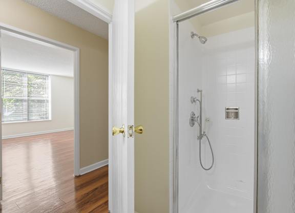 A bathroom with a tiled standing shower.
