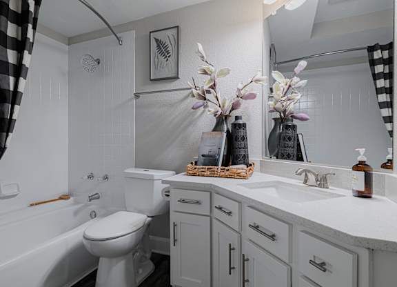 a bathroom with a toilet sink and tub and a mirror