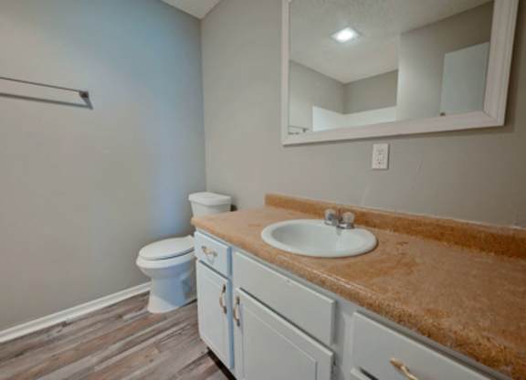 A bathroom with a toilet, sink, and mirror.