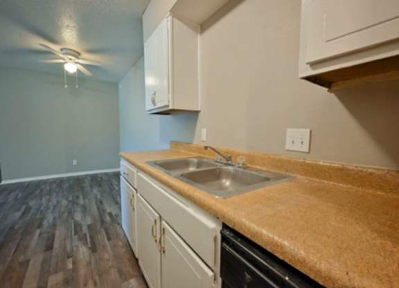 A kitchen with a sink and cabinets.