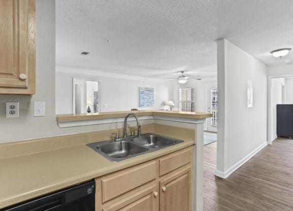 a kitchen with wooden cabinets and a sink