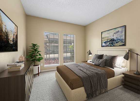 A bedroom with a large bed, a nightstand with a lamp, and a painting on the wall.