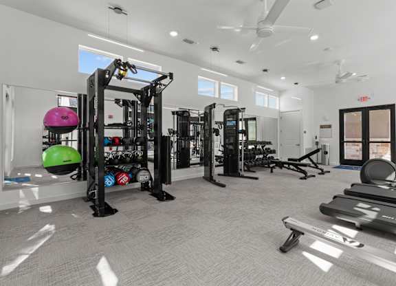 A gym with a variety of equipment including treadmills, weights, and exercise balls.