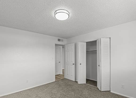 an empty bedroom with a closet and a mirrored closet door