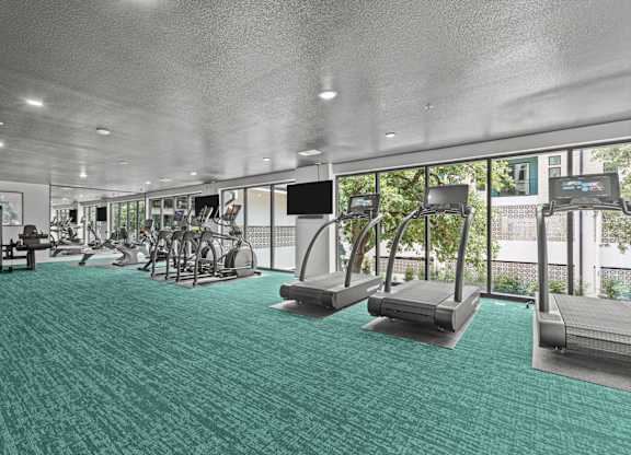 A gym with treadmills and exercise equipment.