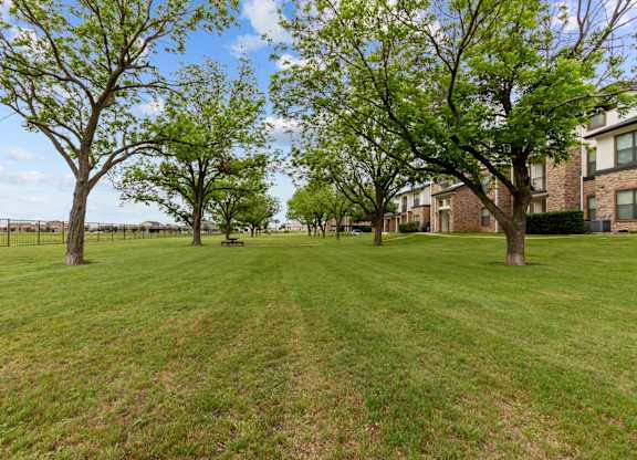 A grassy field with trees and apartment buildings in the background.