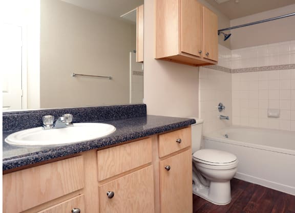 an empty bathroom with a sink toilet and bath tub