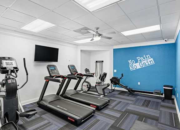 A gym with treadmills, elliptical machines, and a television.