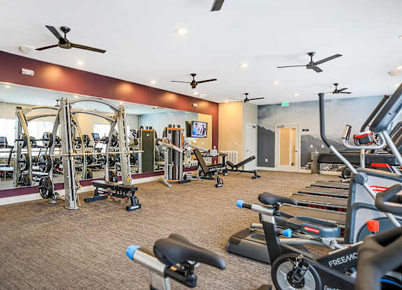 A gym with a variety of equipment including treadmills, weights, and exercise machines.
