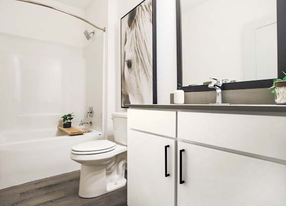 A white toilet sits next to a bathtub in a bathroom.
