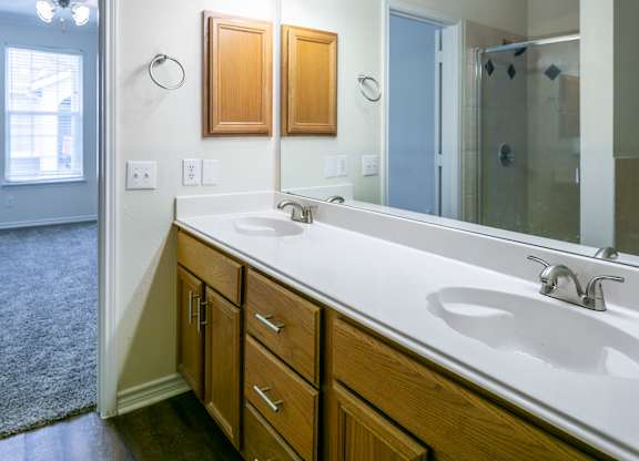A bathroom with a vanity and a mirror.