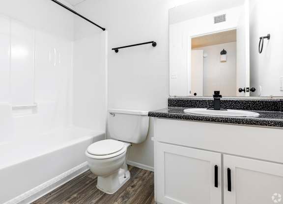 A white toilet in a bathroom with a black countertop and a mirror above it.