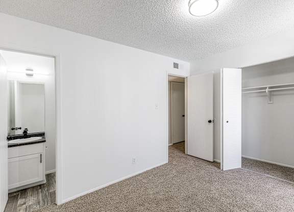 A white bedroom with a sink and a closet.
