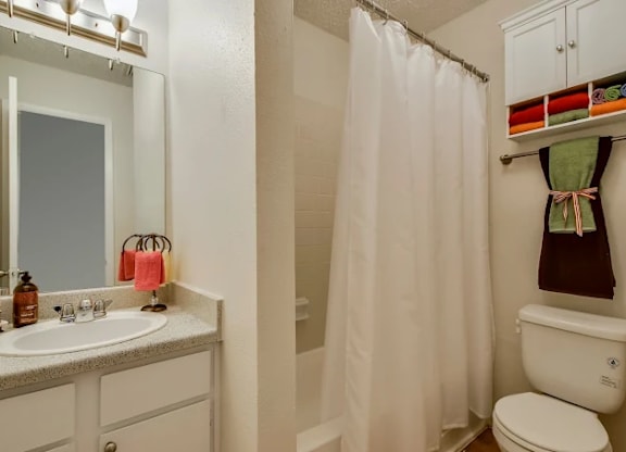 A white bathroom with a toilet, sink, and shower.