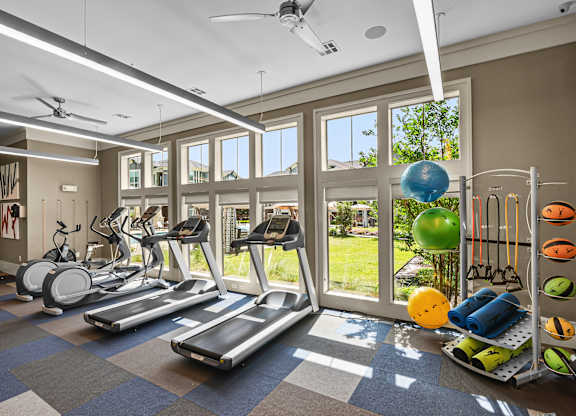 A gym with treadmills, exercise balls, and other equipment.