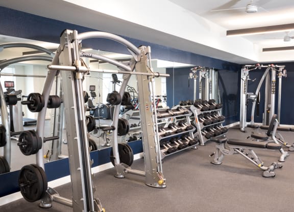 a fitness room with weights and cardio equipment