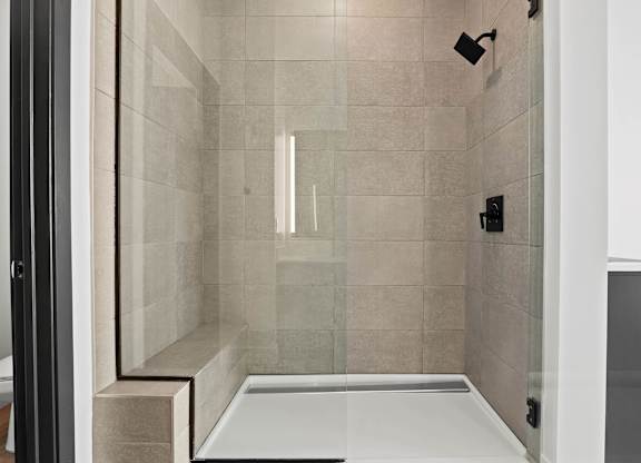 A modern bathroom with a walk-in shower.