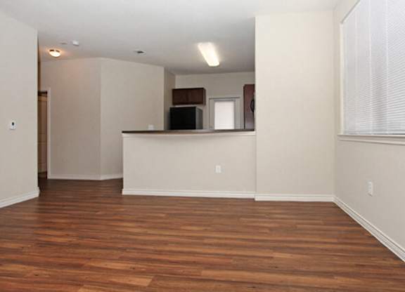 vacant apartment living room and kitchen in background