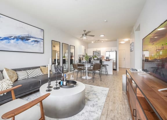 a living room with a couch and a table