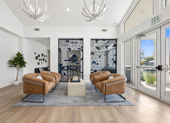 communal living room with couches and a coffee table