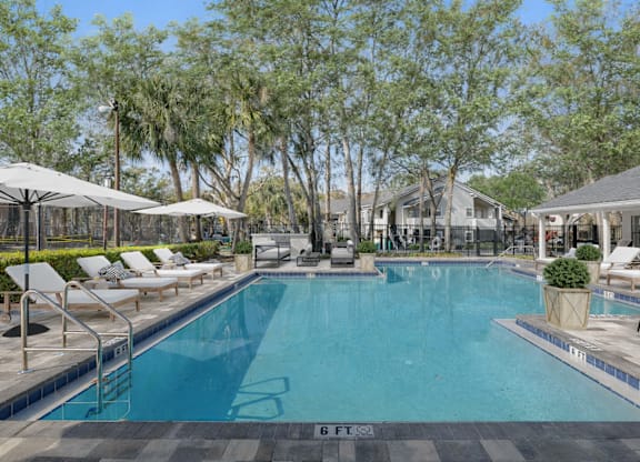 A large swimming pool surrounded by trees and lounge chairs.