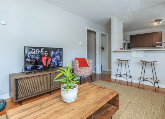a living room with a wooden coffee table and a flat screen tv