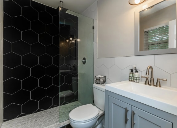 a bathroom with a shower toilet and sink