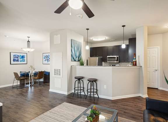 A modern open plan living and kitchen area with a bar.