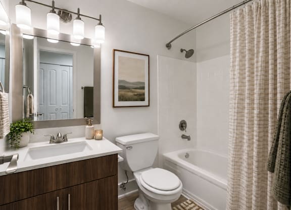 A bathroom with a white toilet, a sink, a mirror, a shower, and a painting on the wall.