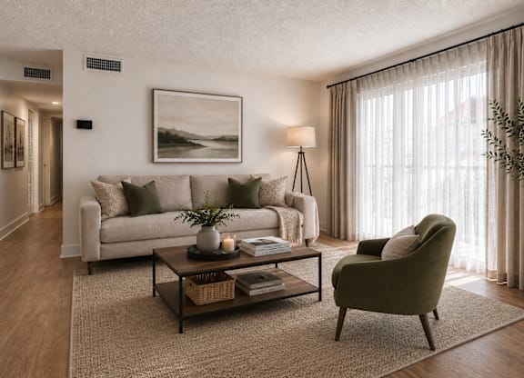 A living room with a couch, chair, and a painting on the wall.